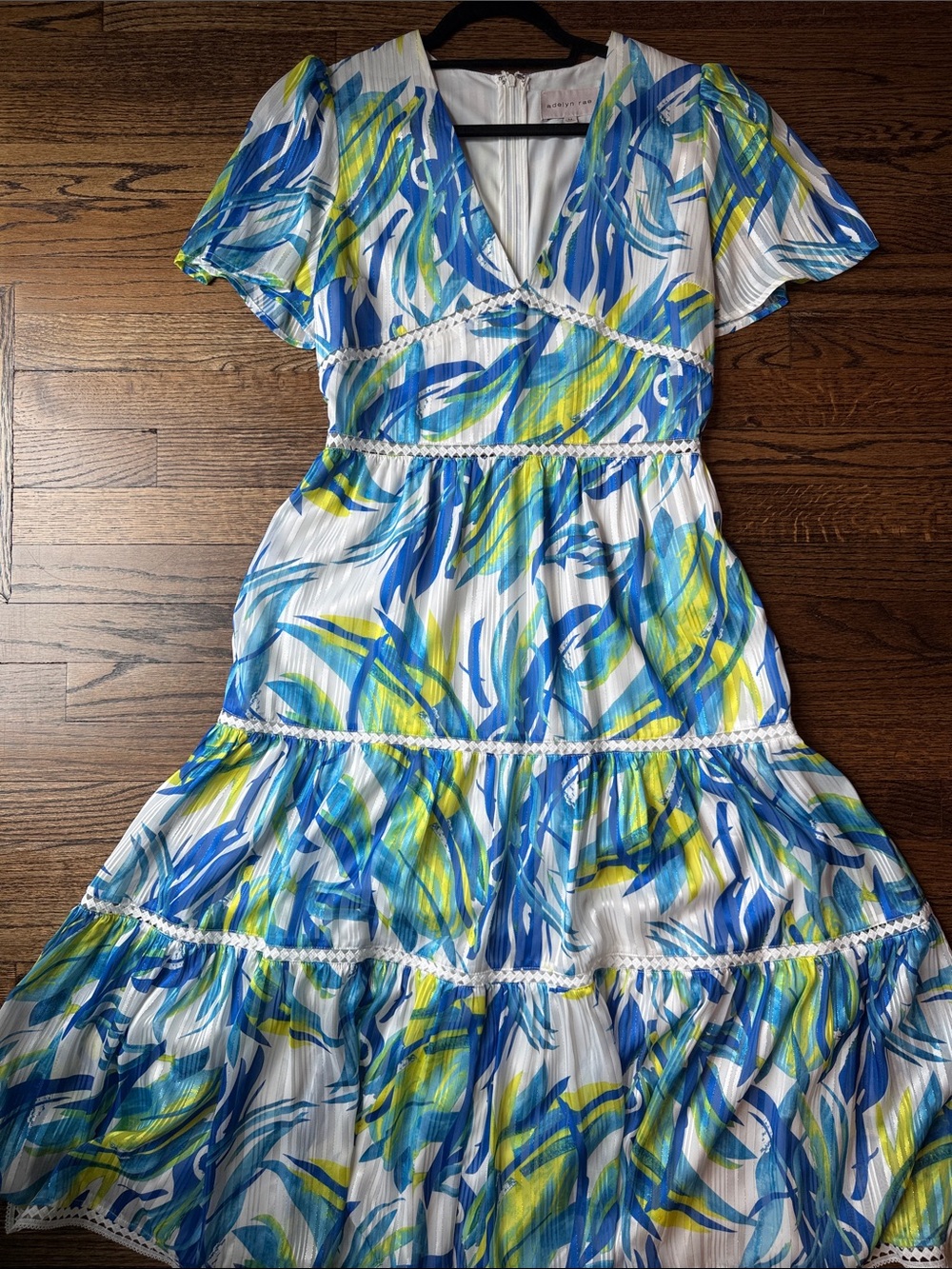 Adelyn Rae White Midi Dress with Blue & Yellow Brushstroke Print
